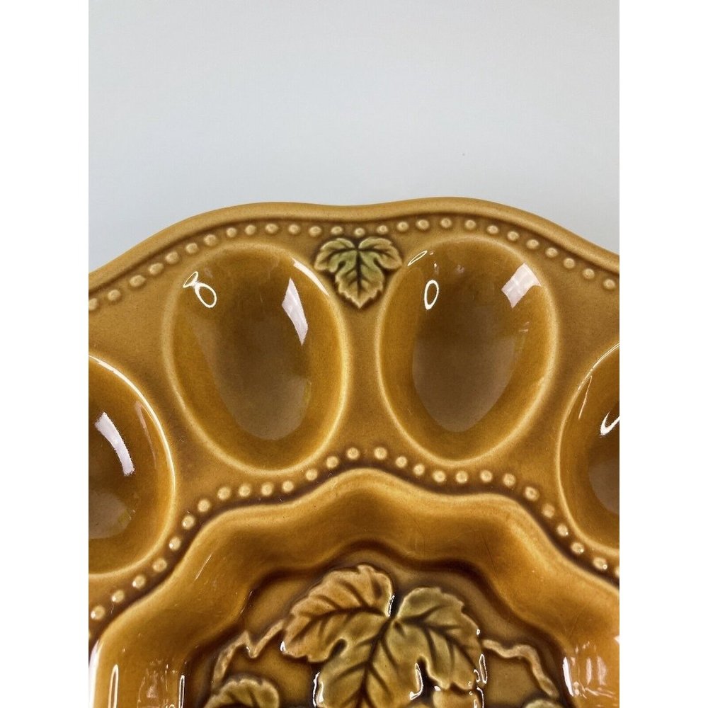 Brown Ceramic Egg Plate, Grape Leaf Center Tableware, Serving-ware, 9.5” - Picture 4 of 11